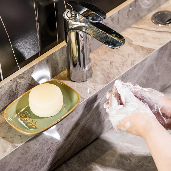 Miamolo Soap Dish Soap Holder Shower, Ceramic Soap Dishes for Bar Soap Sponge, Shower Soap Dish Soap Saver Tray for Bathroom Kitchen Sink, Easy to Clean, Green (Pack of 2)