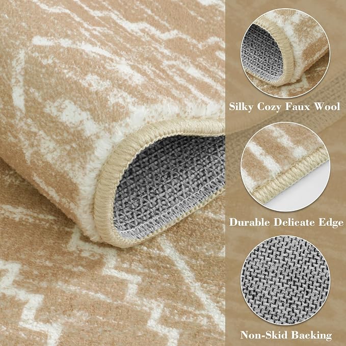 Wonnitar Moroccan Washable Area Rug 4x6, Non-Slip Rugs for Living Room, Boho Bedroom Throw Mat, Geometric Low Pile Floor Carpet for Home Office Mudroom Kitchen (Kakhi,4'x6')