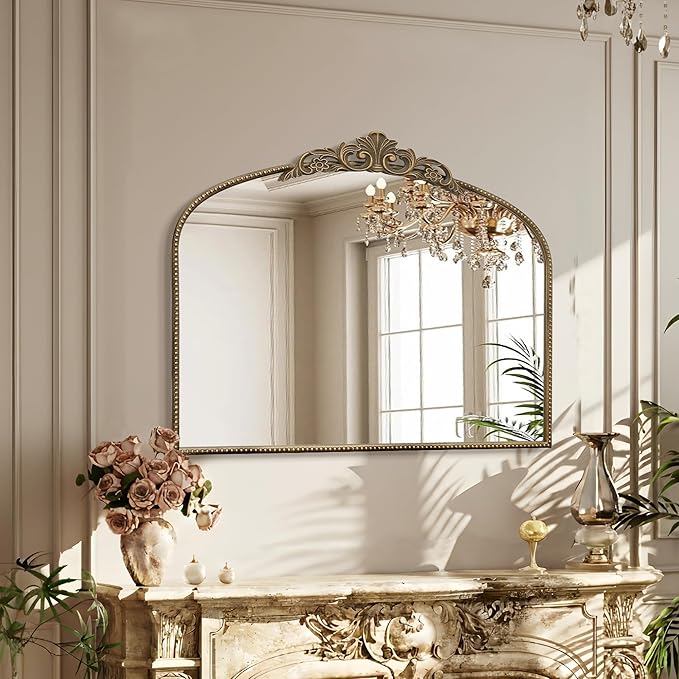 Micasso Large Vintage Gold Mirror: 40"x29" French Baroque Antique Arched Mirror - Traditional Ornate Decorative for Wall/Fireplace/Mantel/Entryway/Bathroom/Hallway - Home Decor for Living Room