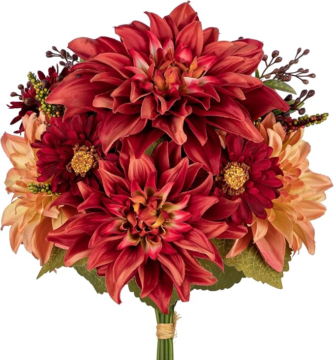 Briful Fall Flowers Artificial Bouquet for Decoration, Fake Silk Flowers Arrangements with Dahlia & Mums Mixed Autumn Floral Stems for Home Room Fall Table Centerpiece Wedding Party Decor(Burgundy)