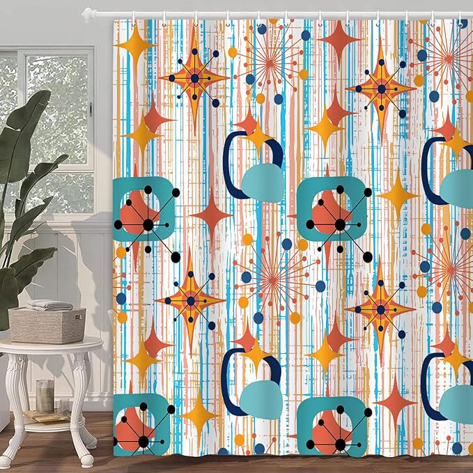 Mid Century Shower Curtain, 72x72inch, Modern Abstract Retro Colorful Striped Geometric Shower Curtain Sets 1950s Boho Bathroom Shower Curtain with 12 Hooks