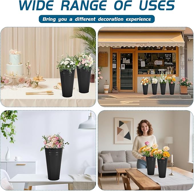 Flower Bucket for Flower Bar, 6 Pcs 10.2 Inch Metal Vases with Handles, Leak-Proof Black French Buckets for Wedding Centerpieces, Farmhouse Party & Rustic Home Decor