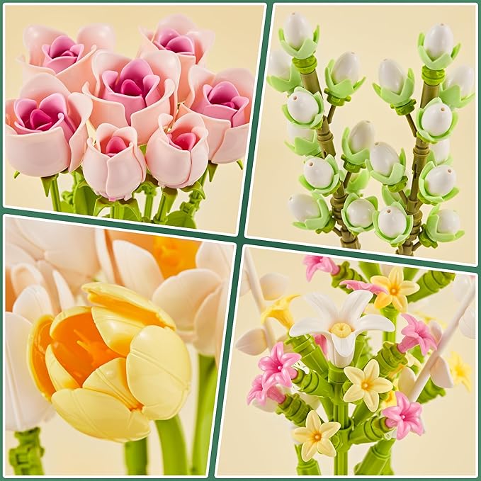 Tulip and Rose Flowers Bouquet Building Sets 18-Pack, Halloween Christmas Valentine's Back to School Gift for Women Girl Girlfriend, Artificial Flower Kits Plant Botanical Collection Home Decor