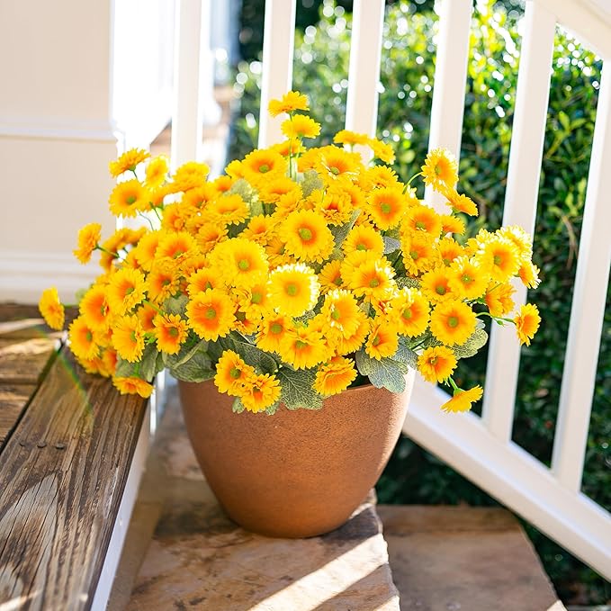 HyeFlora Dahlia Artificial Winter Flowers for Outdoors Decoration, 6 Bundles Fake Daisy Yellow Outdoor Faux Flower Plants Realistic UV Resistant Silk Flowers for Outside Planter Front Door Yard Garden