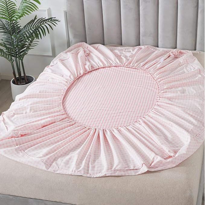 FADFAY Pink Plaid Twin Size Sheets 100% Cotton Geometric Checker Bedding Teens Grid White Gingham Pattern College Bedding Deep Pocket Sheets with 2 Pillowcases Ultra Soft 4pcs, Twin Size