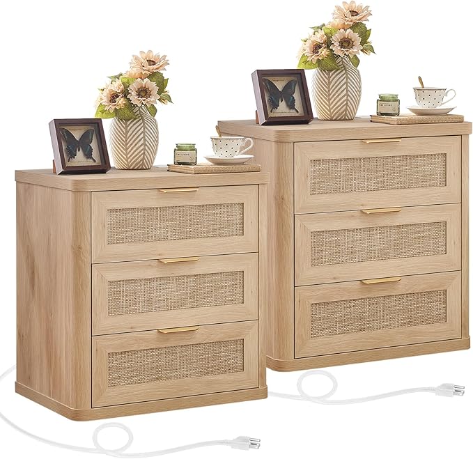 LEYAOYAO Rattan Night Stand Set of 2 with Charger Station, 23" Large 3 Drawer Boho Nightstand, Natural Wood Bedside Table Storage Cabinet, Bed Side End Tables for Bedroom, Living Room, Hallway
