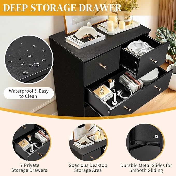 Karl home Black 7 Drawer Dresser for Bedroom, Tall Dresser Chest of Drawers, Rustic Wood Bedroom Dressers Clothes Organizer, Anti-Tipping Device, Rose Gold Metal Handle, Living Room, Entryway, Office