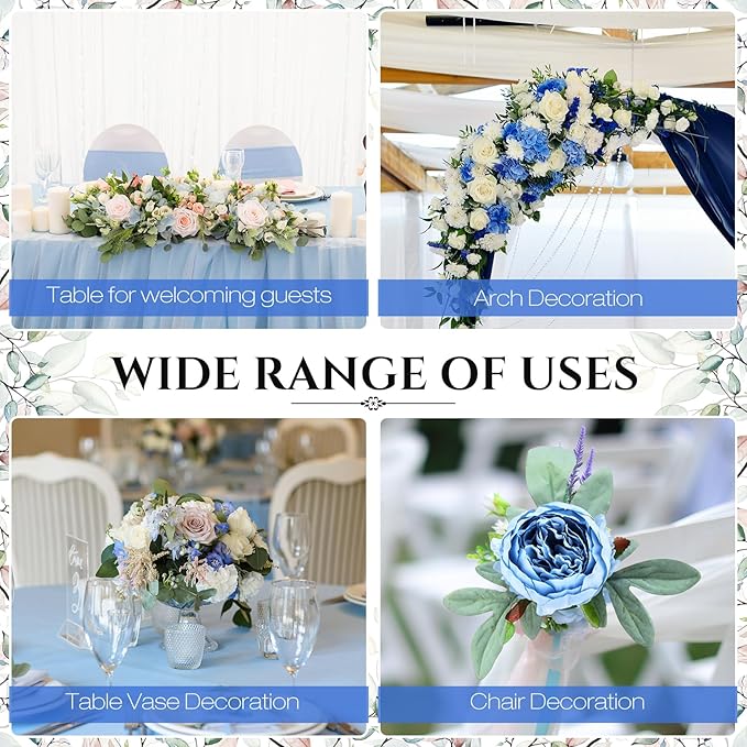 Zeyune 50Pcs Wedding Artificial Peonies 4 Inch Fake Silk Peony Faux Artificial Valentine Flower Bulk Rose Flower Head for Valentine Decoration Vintage Wedding Home Office(Blue and White)
