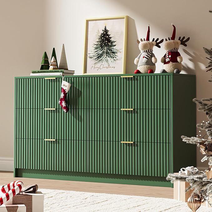 Green 6 Drawer Dresser for Bedroom, 55" Wide Modern Chest of Drawers with Gold Metal Handles, Fluted Wood TV Stand for Living Room, Hallway