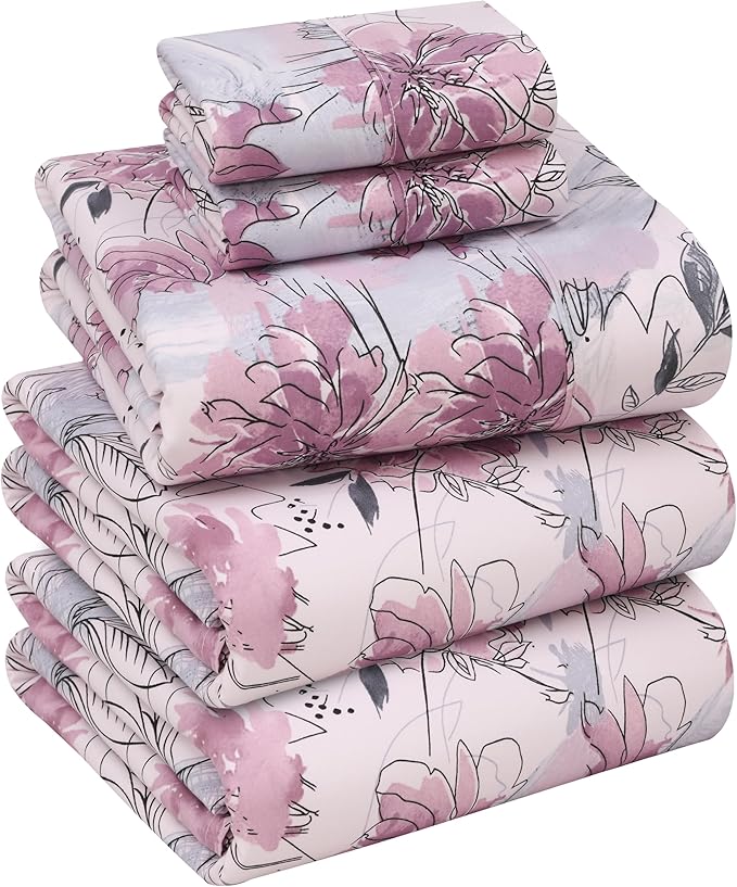 RUVANTI 100% Cotton Split King Sheets Sets for Adjustable Bed, 5 PCs, Soft & Breathable Percale Weave Bedding, Deep Pocket 16", Hotel Standard, Crisp Cool Feel & Durable, Floral Sheet, Lilac Floral