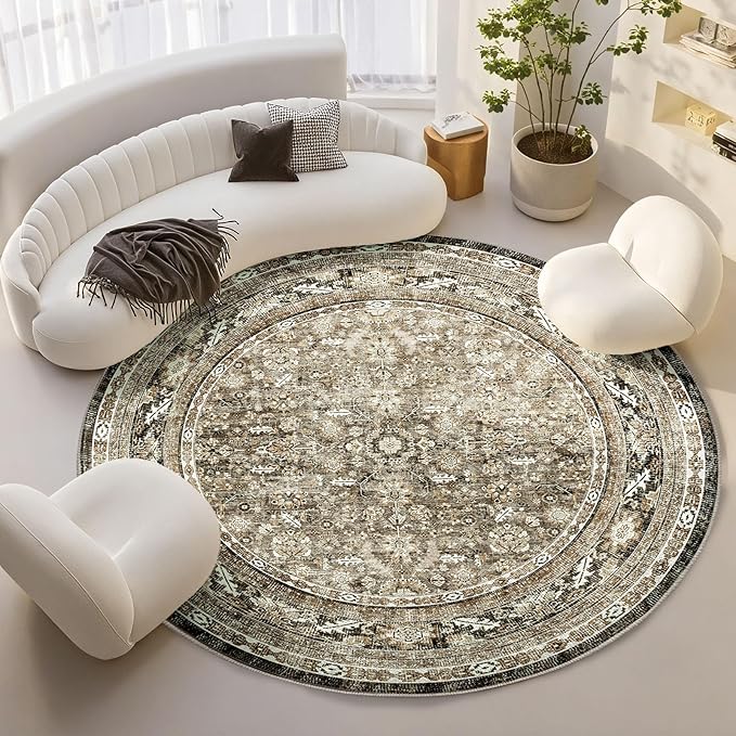 OPPODREAM Vintage Brown Round Rug 6ft, 6 ft Retro Washable Circle Rug Non Slip, Low-Pile Faux Wool Circular Carpet, Distressed Floor Mat for Living Room, Bedroom, Office, Dorm, Dinning Room
