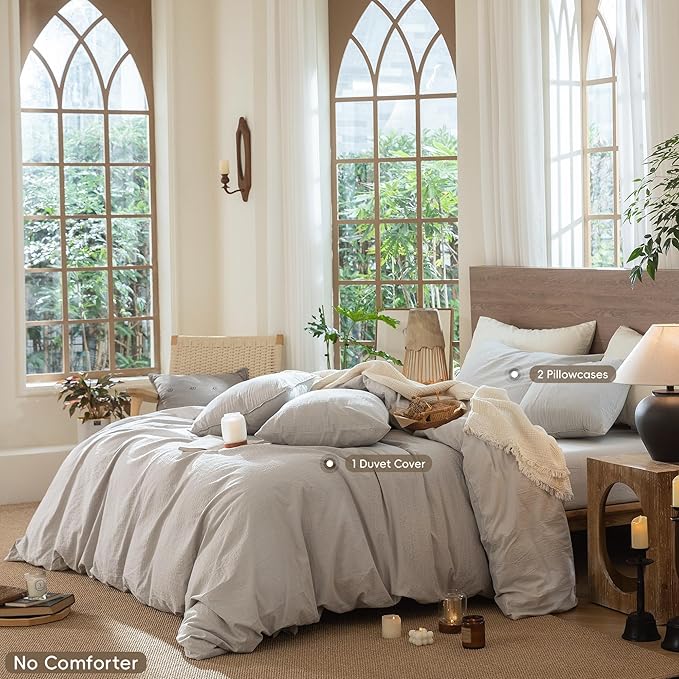 MooMee Wavy Striped Duvet Cover Set 100% Washed Cotton Linen Like Textured Breathable Durable Soft Comfy (Light Grey, Queen 90"x90")
