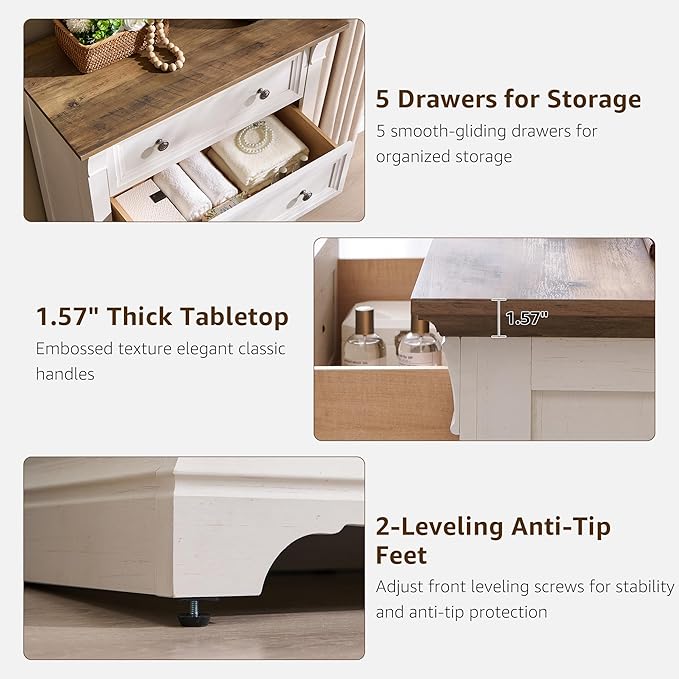 T4TREAM Farmhouse 5 Drawer Dresser for Bedroom, 47" Tall Wood Dresser with Ample Storage Space and Rustic Charm, Antique White
