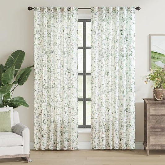 jinchan Floral Linen Blend Curtains for Living Room 84 Inch Length French Country Farmhouse Printed Curtains Sage Green on White Rod Pocket Back Tab Light Filtering Window Drapes 2 Panels