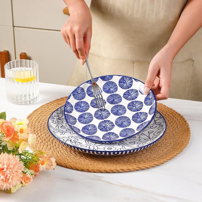 Selamica Ceramic Plates and Bowls Sets,24 Pieces Dinnerware Sets for 6,Scratch Resistant Dish Set for holiday gathering, Dishwasher & Microwave Safe, Vintage Blue