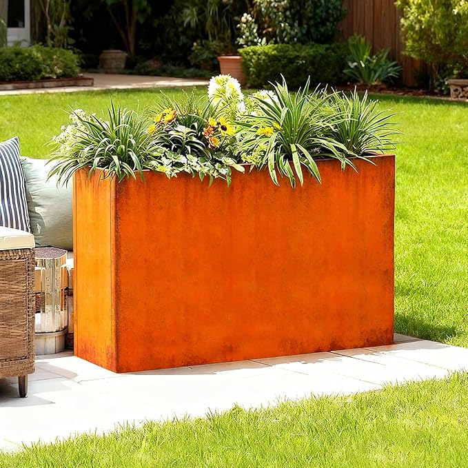 Corten Steel Outdoor Planter Box 32" x 15" x 24" for Outdoor Plants Metal Rectangle Planter Spliced Flower Box with Partitions for Outside,Indoor,Garden (Corten, 32 * 15 * 24)