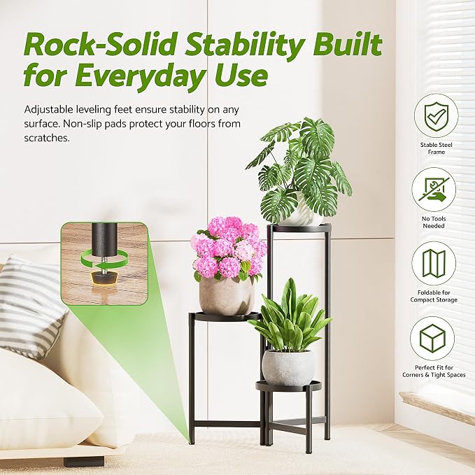 3 Tiered Plant Stand Indoor for Multiple Large Planter, Tall Heavy Duty Adjustable Folding Rack with Rustproof 7.9 Inch Wide Tray, Plant Shelf for Corner Living Room - BlackDisk