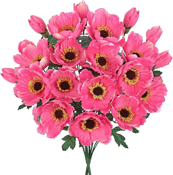 Hollyone 10 Heads Pink Poppy Flowers Artificial 2Pcs Fake Poppies Flowers Bouquets with 7 Heads Full Bloom Poppy & 3 Buds Bouquet Stems Spring Sumer Faux Floral Flower Arrangement for DIY Home Decor
