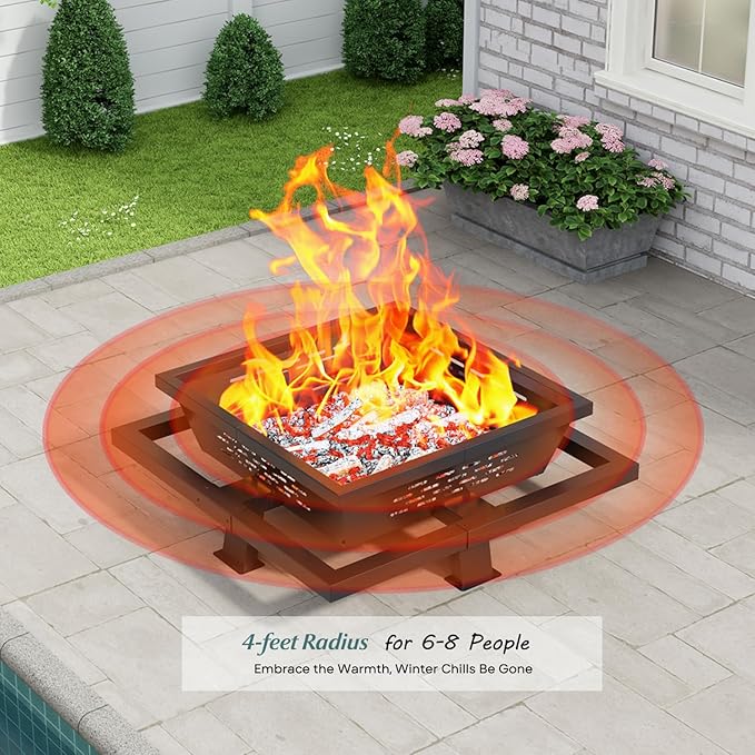 Auhilence 36 inch fire Pit, Square Outdoor Fire Pit with Poker, Wood Burning Fire Pit for Camping, Backyard, Patio