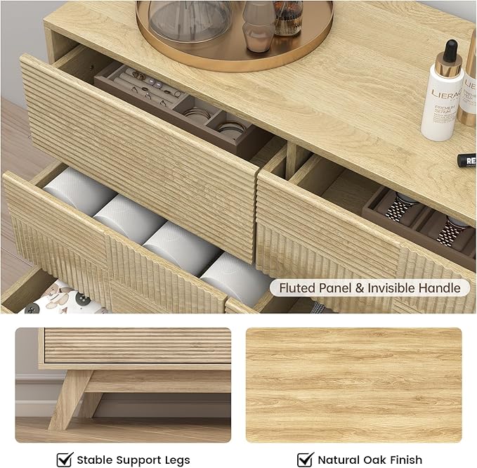 Hadulcet Wooden Dresser for Bedroom, Mid Century Modern 55” Long Fluted 9 Drawers Dresser Storage Clothes for Closet Organizer, Handleless Design, Push to Open, Natural Oak