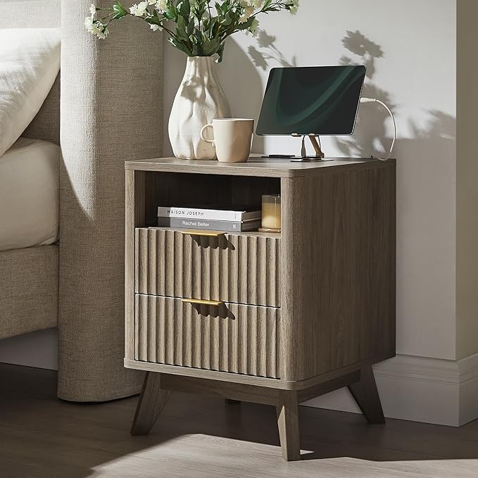 T4TREAM Fluted Nightstand Set of 2 with Charging Station, 18" Modern Side Table with 2 Drawer, End Table w/Storage, Bedside for Bedroom, Living Room, Curved Profile Design, Grey Alder