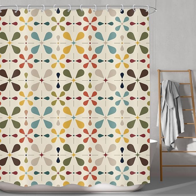Boho Mid Century Shower Curtain Bathroom Set 60Wx71H Inches Modern Vintage Abstract Bohemian Colourful Geometric Retro Chic Bath Accessories for Girly Women Art Home Decor Fabric 12 Pack Hooks