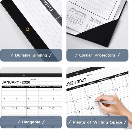 Classic Black Desk Calendar 2026 | Large 22 x 17 Inches | 2-Pack with Plastic Cover