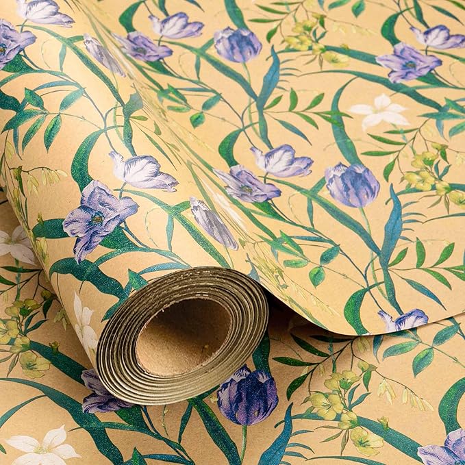 MAYPLUSS Floral Kraft Wrapping Paper Roll - 17Inch x 33Feet - Elegant Tulip Gift Wrapping Paper Watercolor Flower Gift Wrap Paper for Birthday, Mothers Day, Bridal Shower, Engagement, Valentine's Day
