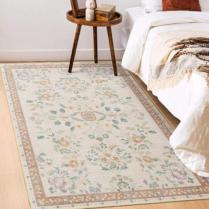 MUJOO 3x5 Rug Washable,Floral Area Rugs for Bedroom Bedside Entryway Living Room Kitchen,Floral Boho Small Indoor Floor Rug Non Slip Throw Carpet Low Pile Vintage Beige
