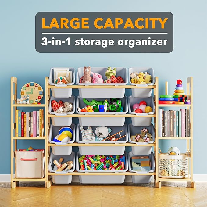 SpaceAid Toy Storage Organizer with 6 Shelves and 12 Bins, Toy Organizers Storage Bookshelf, Kids Bin Shelf Toys Box Bookcase for Bedroom Playroom Organization Room Decor, Neutral Gray