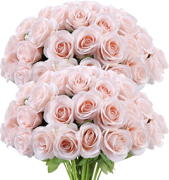 Artificial Rose Flower Artificial Flowers Flower with Long Stem Silk Roses Bouquet for Wedding Bridal Shower Party Home Decoration (Blush, 50 Pcs)