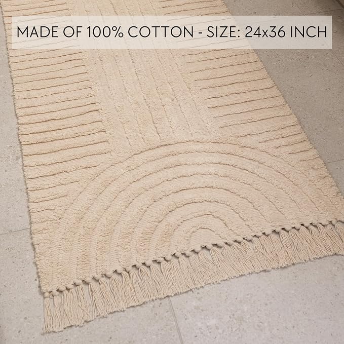 KIBAGA Beautiful Boho Rug with Tassels for Your Bathroom - Soft 2 x 3 ft. Cotton Rug Fits Perfectly Into Your Bath - Washable, Non-Slip Mat Ideal to Enhance Any Modern Home Decor, 24 x 36 inch