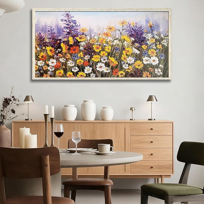 Ardemy Wildflower Wall Art Canvas Living Room Framed Daisy Floral Large Colorful Pictures Wall Decor Textured Purple Paintings Artwork for Walls Bedroom Home Office, 58"x29"