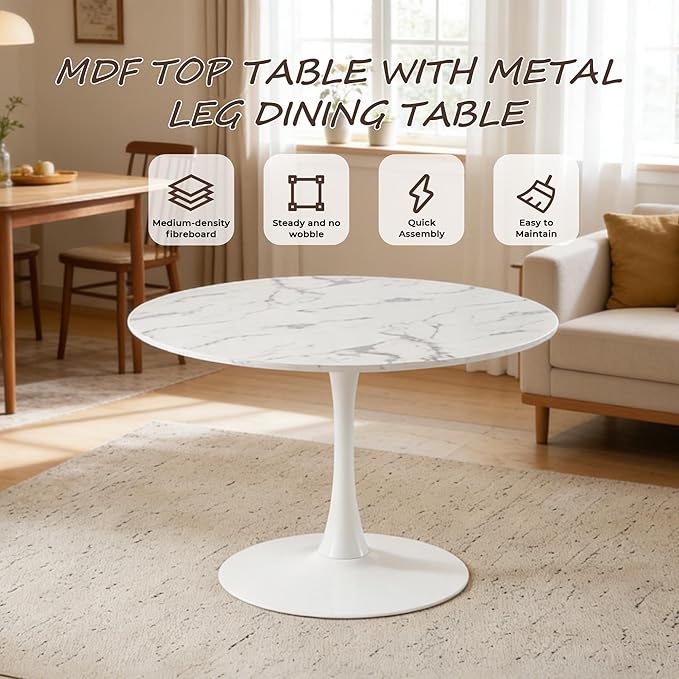 42" Tulip Table for 4-6 Persons Modern Round Dining Table, Mid-Century Modern White Marble Small Kitchen Table with MDF Wooden Top, Leisure Coffee Table for Living Room, Dining Room, Office