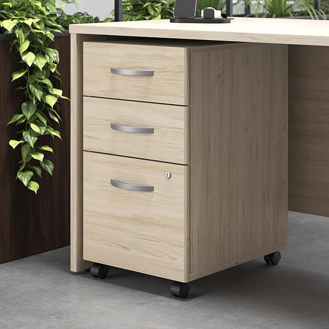 Bush Business Furniture 60W x 30D L Shaped Desk with Mobile File Cabinet, Corner Table and Drawers for Home or Professional Office, Studio C Collection, Natural Elm