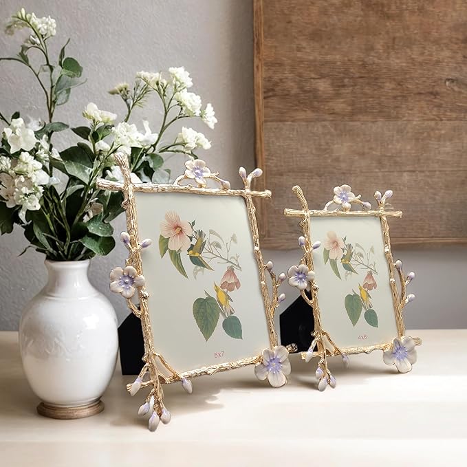 Vintage Purple Picture Frame with Enamel Finis Glass Front - Ornate Antique Metal Flowers 5X7 Photo Frame Tabletop/Wall Display Gifts for Women
