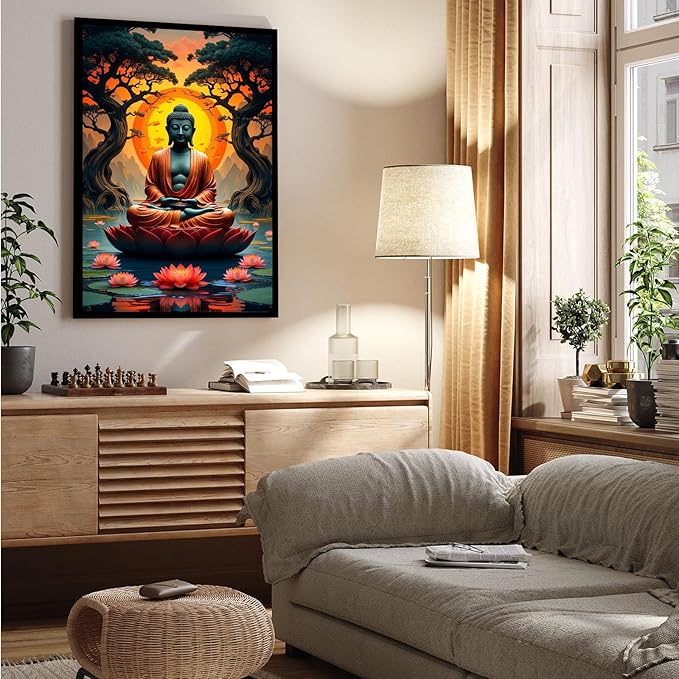 Canvas wall art Golden Buddha on lotus at sunset Ancient trees with reflections on water Serene meditation scene Uplifting wall art for mindfulness and tranquil home decor 24x36in Metal blackFramed