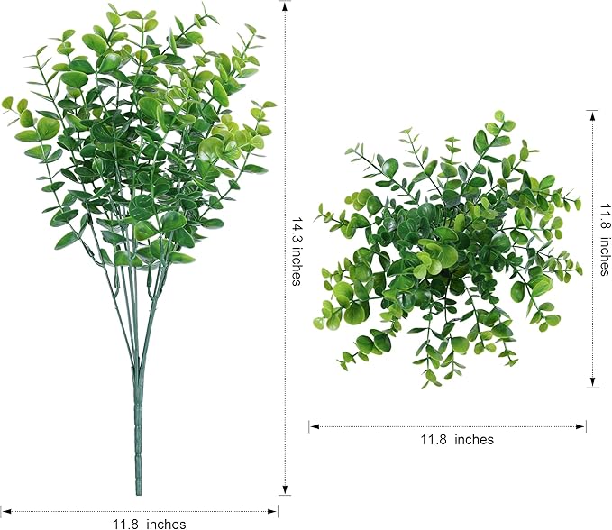 HyeFlora Artificial Plants for Outdoors Outside Spring Summer Decoration, 12 Bundles Faux Eucalyptus Leaves Stems Bulk Fake Greenery Branches Look Real UV Resistant for Home Porch Patio Planter Yard