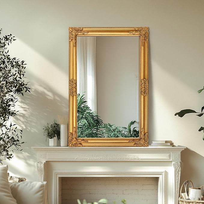 TRAHOME 24"x36" Vintage Gold Baroque Wall Mirror, Ornate Antique Style Decorative Mirror for Entryway, Living Room, Fireplace Mantel, Hallway