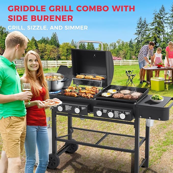 Lyromix 5 Burners Gas Grill and Griddle Combo with Side Burner, Propane Gas Grills with Heavy-duty Enamel Grate, Durable BBQ Outdoor Flat Top Grill for Backyard and Patios, 56000 BTU