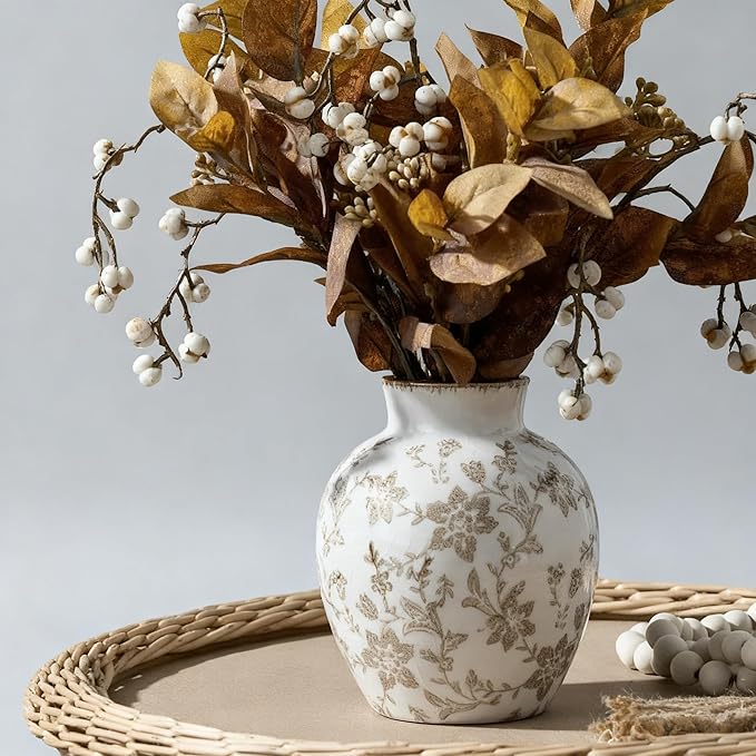 SIDUCAL Ceramic Vintage Vase, 5.83 Inch Retro Ice Cracked Chinoiserie Floral Vase, Rustic Farmhouse Vases for Home Decor, Bookshelf, Garden, Chinoiserie Decor, Tuscan Decor, Brown Floral Pattern