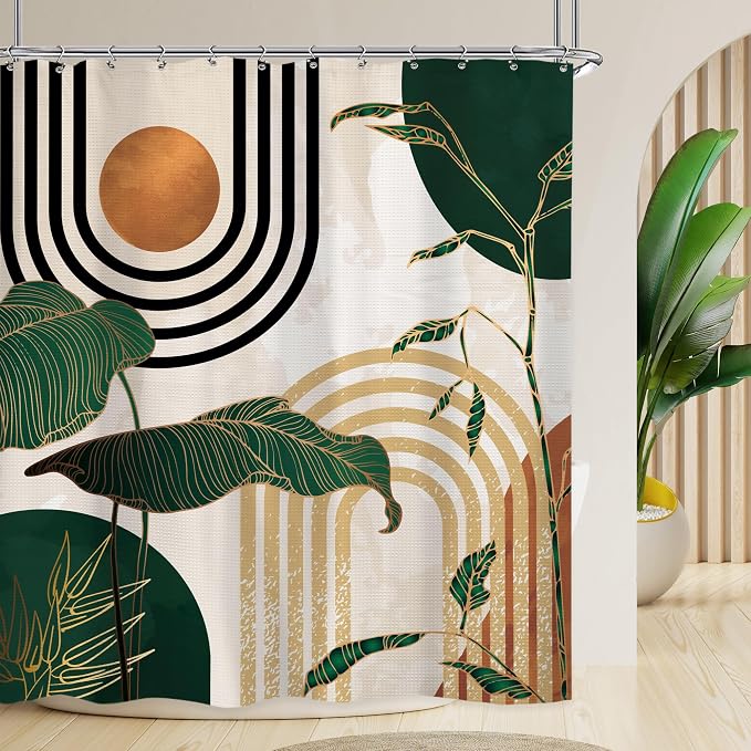 Glawry Waffle Green Shower Curtain Boho Abstract Mid Century Tropical Palm Tree Sun Arch Bathroom Modern Minimalist Aesthetic 72Wx72L Inches Bath Accessories Art Home Decor Fabric 12 Pack Hooks