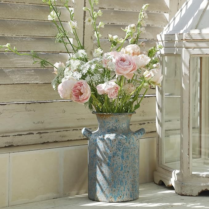 Rustic Vintage Metal Flower Vase for Decor Milk Jug Small Vases for Flowers Kitchen Decorations, Cylindrical,Perfect for Kitchen, Dining Room, Living Room,Housewarming Gift, Blue