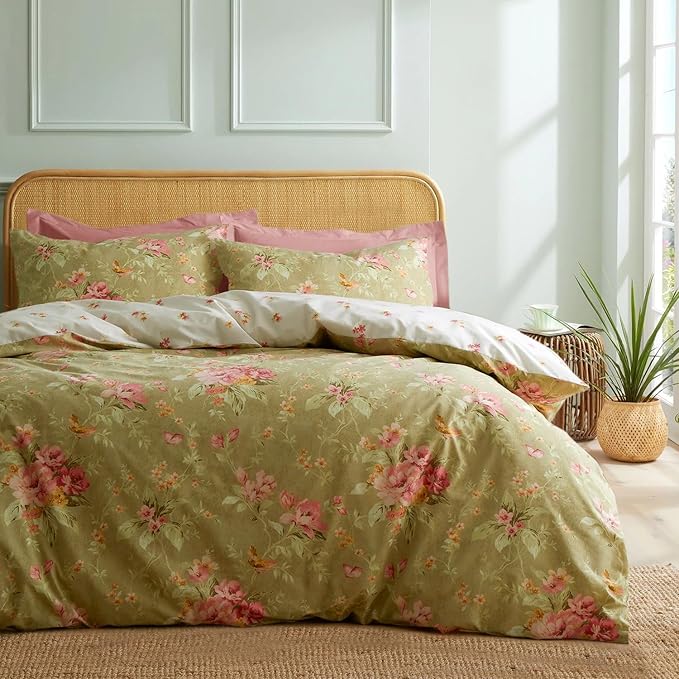 mixinni Duvet Cover Full Size, Long Staple Cotton Reversible Green Floral Duvet Cover Set with Zipper Ties, 3 Pieces Botanical Pink Flowers and Green Branches Patterns Bedding Set