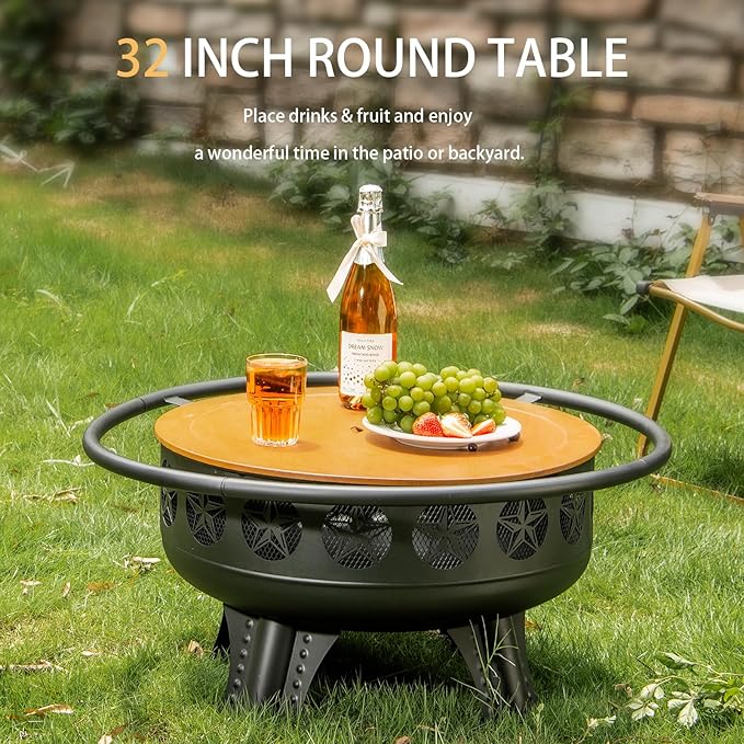 Verdeluxe 32 Inch Fire Pit with Swivel Cooking Grate,3-in-1 Wood Burning Firepit with Grill,Outdoor Fire Pits Table with Metal Lid and Poker for Outside Patio Backyard BBQ Bonfire Camping (32 Inch)