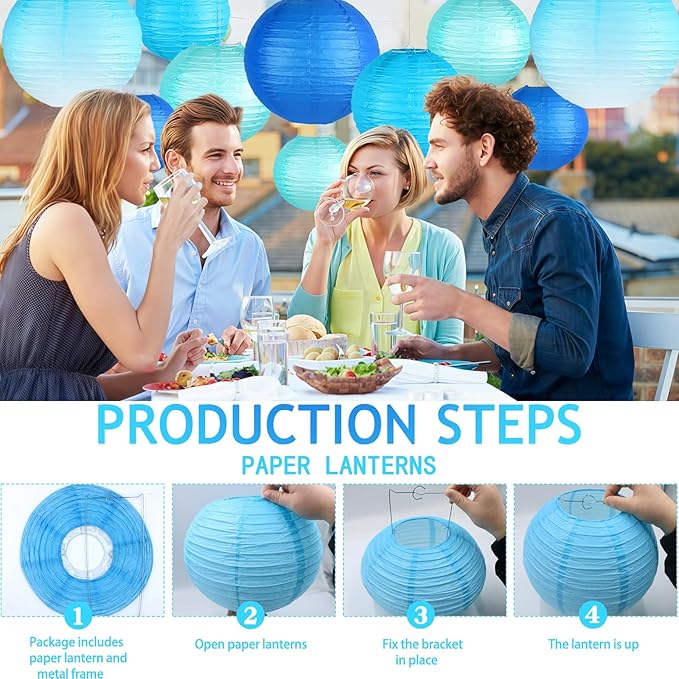 Paper Lanterns Decorative, Gradient Blue Round Hanging Paper Lantern Decorations for Anniversary Graduation Wedding Birthday Party Baby Shower Decorations, 15Pcs