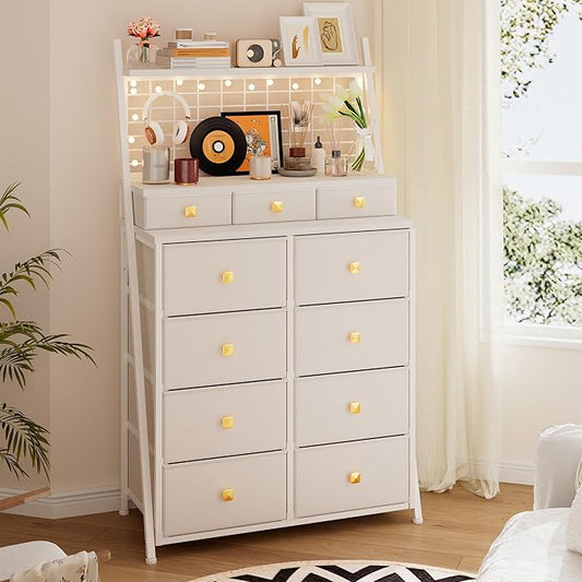 51" H Dresser for Bedroom with LED, 11 Drawer Dresser with Wire Grid Panels & Open Shelves for Entryway, Dorm, White+Gold, 11.8" D x 33.9" W x 51.2" H