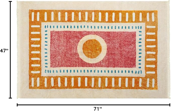 Lukinbox Boho Area Rugs for Bedroom, 4x6 Sun Washable Living Room Rug, Super Soft Non-Slip Colorful Circular Rainbow Rug for Kids Room Playroom Nursery Room Dinning Room