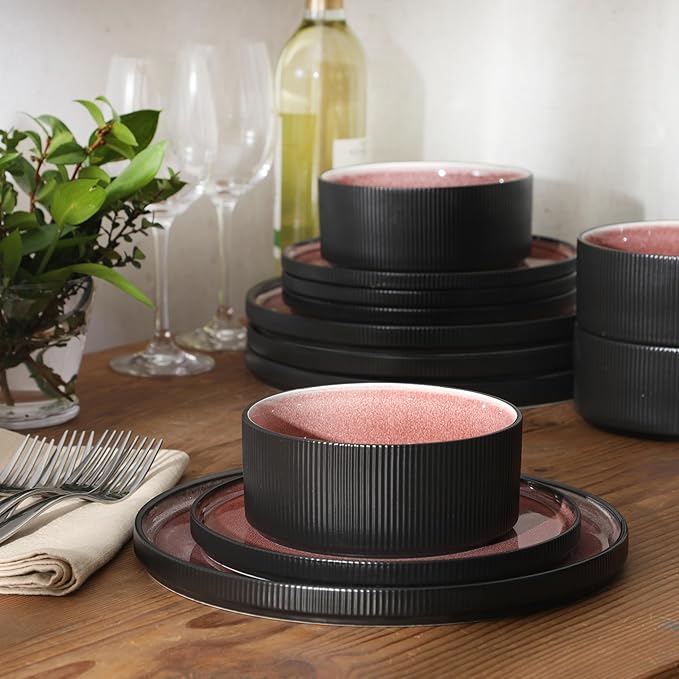 Gibson Elite Redrock Canyon 12-Piece New Bone China Dinnerware Set Service for 4, Reactive Glaze Plates and Bowls, Dishwasher and Microwave Safe, Brick Red