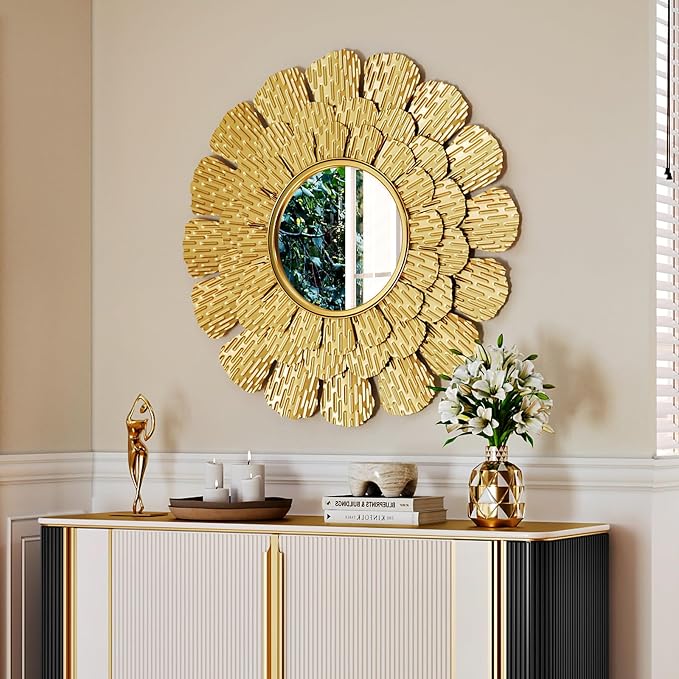 Round Gold Mirror ，33.5" Large Sunburst Mirror with Metal Frame, Wall Decor Mirrors for Hallway,Bedroom, Living Room